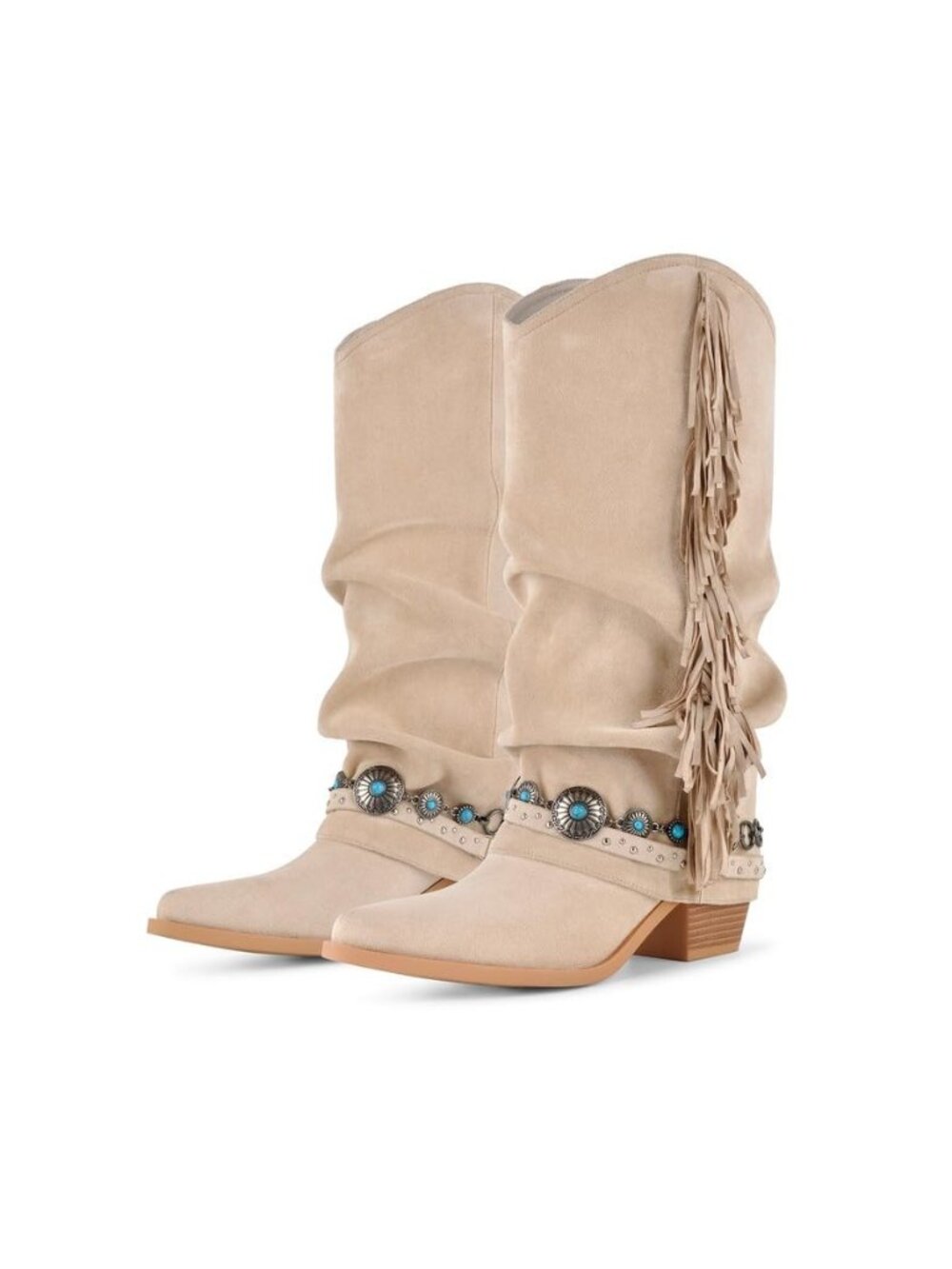 Slouchy Fold Over Boots Fringe Western Cowboy Mid Calf Boots